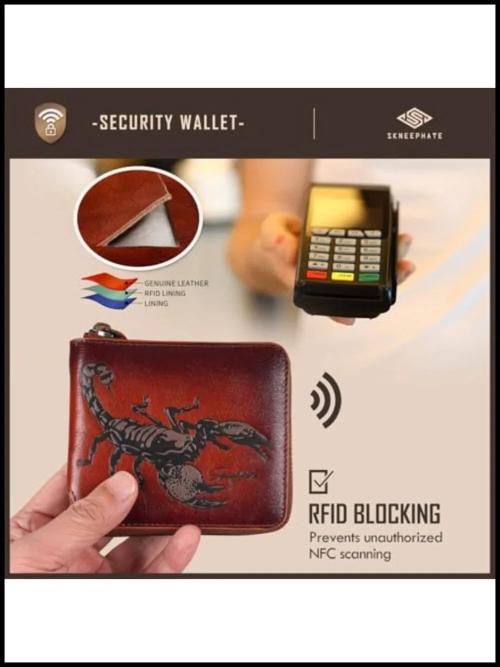 Men's Genuine Leather RFID Blocking Zipper Wallet with Coin Pocket